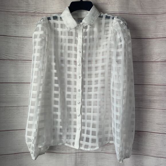 Polagram White Lattice Button Down Blouse Long Sleeve Pouf Shoulders Size Small - Picture 1 of 14